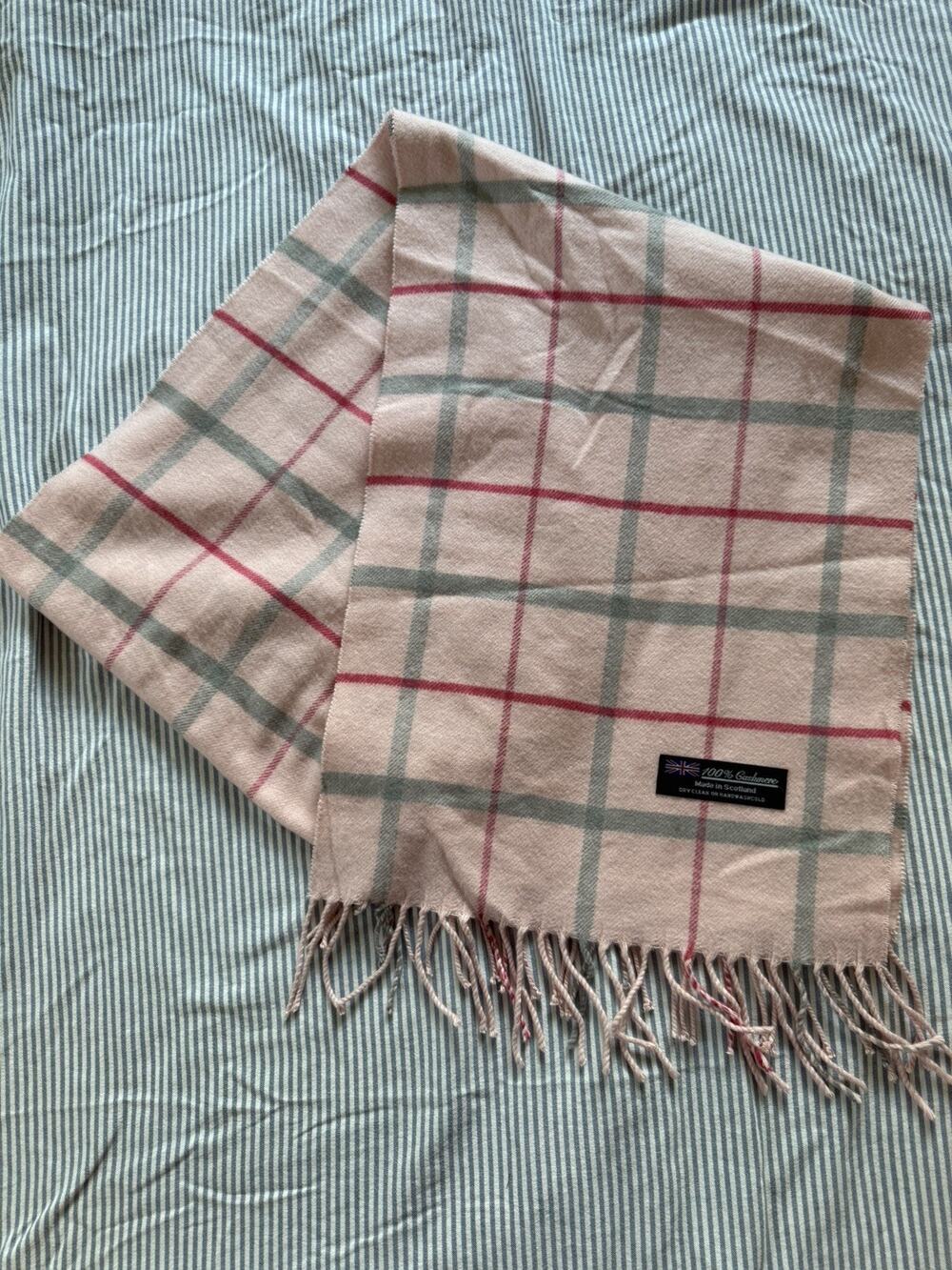 100% Cashmere Light Pink Plaid scarf Made in Scotland soft fringed 12X66 inch